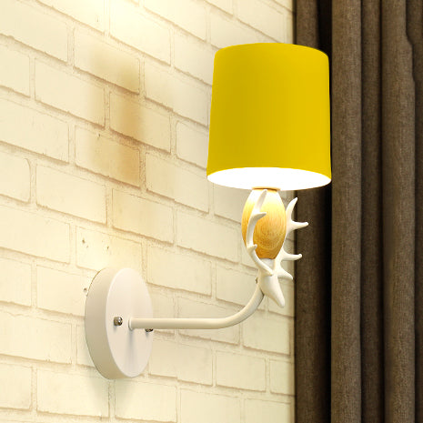 Lovely Deer Head Wall Light with Cylinder Shade Metal Single Light Sconce Light for Kid Bedroom Yellow Clearhalo 'Wall Lamps & Sconces' 'Wall Lights' Lighting' 74411