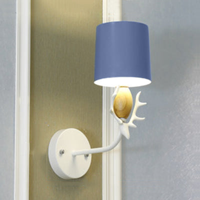 Lovely Deer Head Wall Light with Cylinder Shade Metal Single Light Sconce Light for Kid Bedroom Blue Clearhalo 'Wall Lamps & Sconces' 'Wall Lights' Lighting' 74412