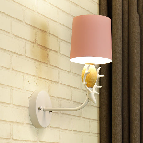 Lovely Deer Head Wall Light with Cylinder Shade Metal Single Light Sconce Light for Kid Bedroom Pink Clearhalo 'Wall Lamps & Sconces' 'Wall Lights' Lighting' 74414