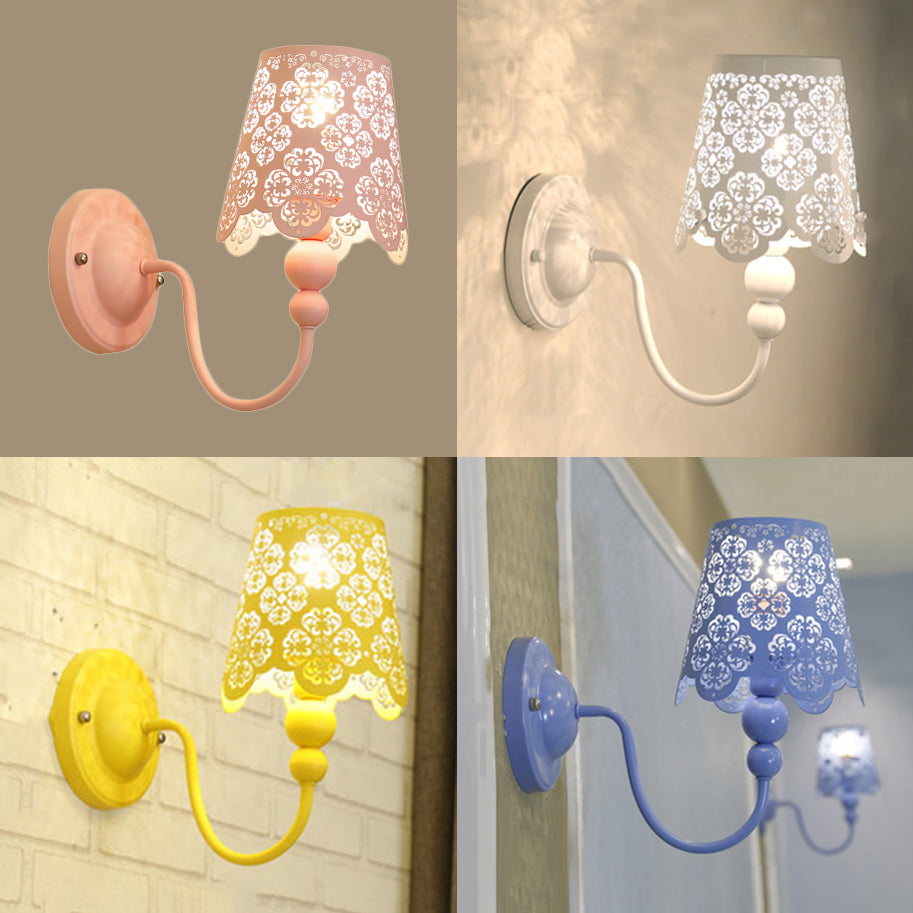 Macaron Candy Colored Wall Sconce Etched Empire Shade 1 Light Iron Sconce Light for Baby Room Clearhalo 'Wall Lamps & Sconces' 'Wall Lights' Lighting' 74428