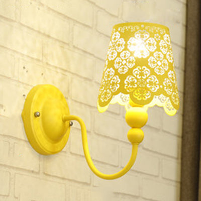 Macaron Candy Colored Wall Sconce Etched Empire Shade 1 Light Iron Sconce Light for Baby Room Yellow Clearhalo 'Wall Lamps & Sconces' 'Wall Lights' Lighting' 74431