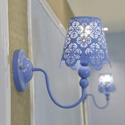 Macaron Candy Colored Wall Sconce Etched Empire Shade 1 Light Iron Sconce Light for Baby Room Blue Clearhalo 'Wall Lamps & Sconces' 'Wall Lights' Lighting' 74432