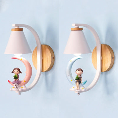 Child & Moon Wall Light with Coolie Shade 1 Light Cartoon Resin Wall Sconce for Nursing Room Clearhalo 'Wall Lamps & Sconces' 'Wall Lights' Lighting' 74433