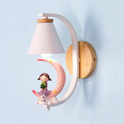 Child & Moon Wall Light with Coolie Shade 1 Light Cartoon Resin Wall Sconce for Nursing Room Pink Clearhalo 'Wall Lamps & Sconces' 'Wall Lights' Lighting' 74435