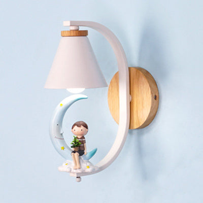 Child & Moon Wall Light with Coolie Shade 1 Light Cartoon Resin Wall Sconce for Nursing Room Blue Clearhalo 'Wall Lamps & Sconces' 'Wall Lights' Lighting' 74437