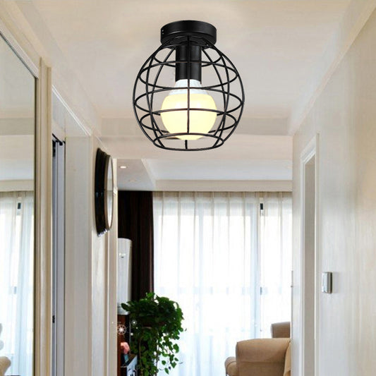 Globe Cage Metal Shade Ceiling Light Fixture Retro Style 1 Light Corridor Flush Mount Ceiling Light in Black/White Clearhalo 'Ceiling Lights' 'Close To Ceiling Lights' 'Close to ceiling' 'Flush mount' 'Industrial Flush Mount' Lighting' 7443