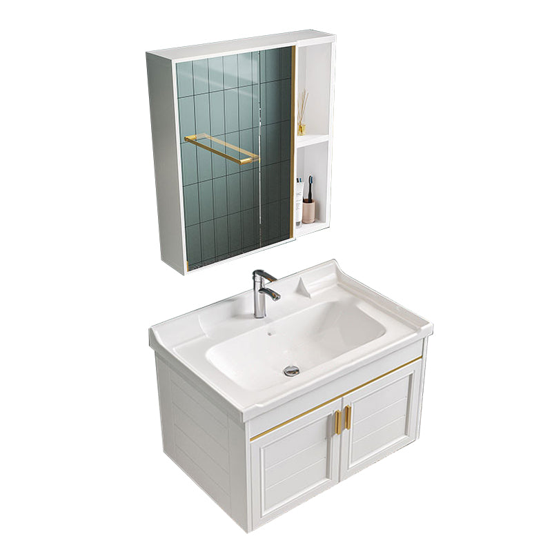 Glam Single Sink Bath Vanity Wall Mount White Metal Base Sink Vanity Vanity & Faucet & Mirror Cabinet Square Mirror Clearhalo 'Bathroom Remodel & Bathroom Fixtures' 'Bathroom Vanities' 'bathroom_vanities' 'Home Improvement' 'home_improvement' 'home_improvement_bathroom_vanities' 7454735