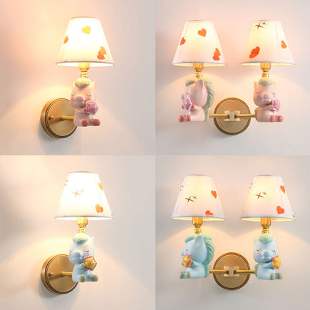 Cartoon Sleeping Pony Sconce Light Single Light Resin Wall Lamp with Fabric Shade for Child Bedroom Clearhalo 'Wall Lamps & Sconces' 'Wall Lights' Lighting' 74605