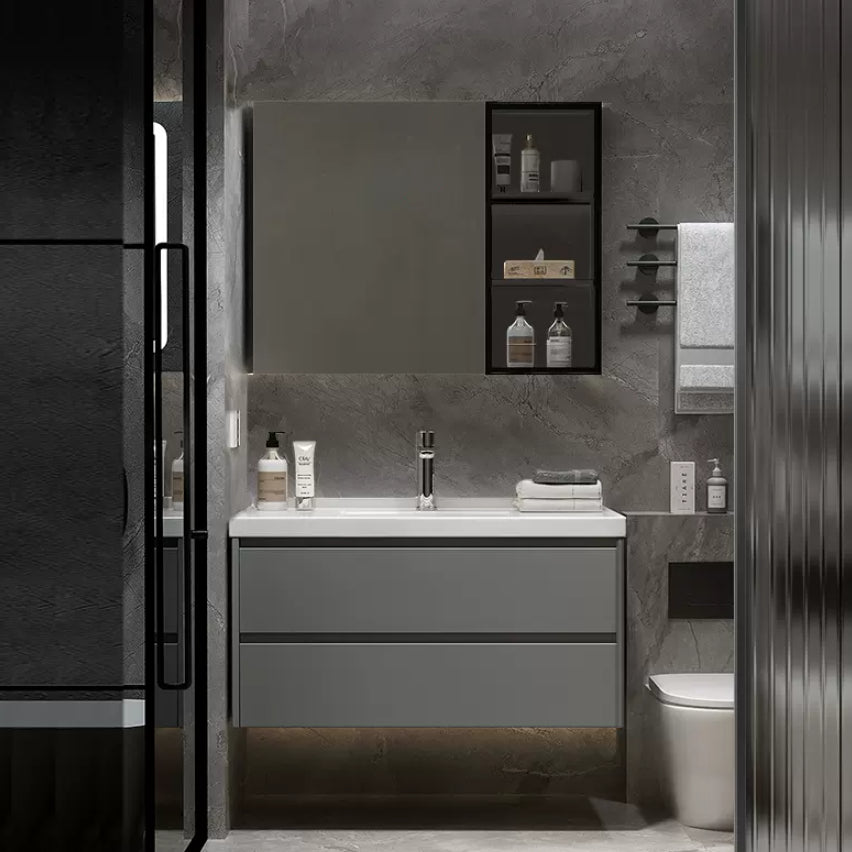 Modern Vanity Rectangular Dark Gray Single Ceramic Top Sink Vanity Clearhalo 'Bathroom Remodel & Bathroom Fixtures' 'Bathroom Vanities' 'bathroom_vanities' 'Home Improvement' 'home_improvement' 'home_improvement_bathroom_vanities' 7462806