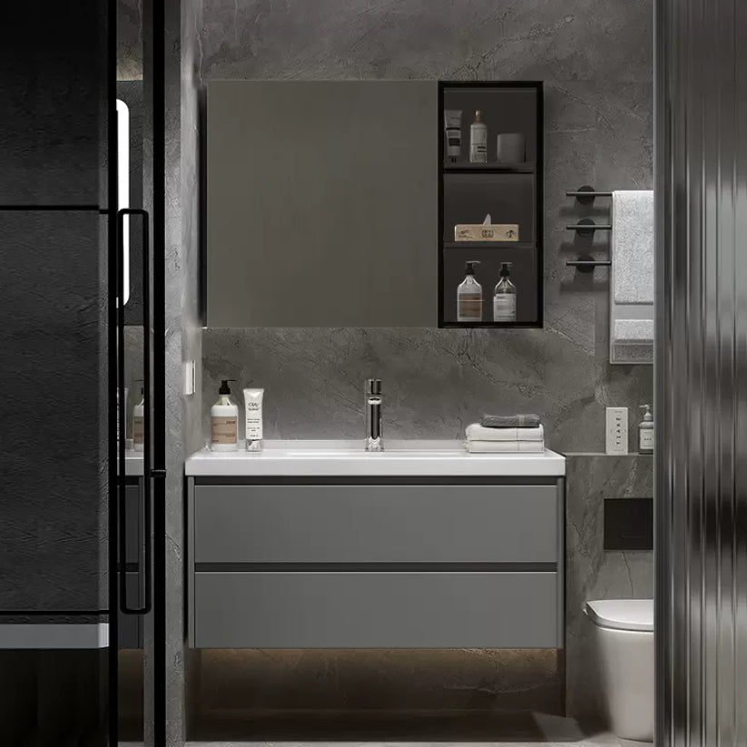 Modern Vanity Rectangular Dark Gray Single Ceramic Top Sink Vanity Clearhalo 'Bathroom Remodel & Bathroom Fixtures' 'Bathroom Vanities' 'bathroom_vanities' 'Home Improvement' 'home_improvement' 'home_improvement_bathroom_vanities' 7462814