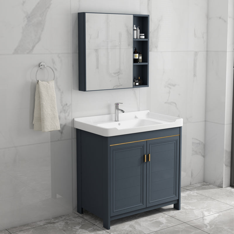 Single Blue Freestanding Bathroom Vanity Modern Metal Base Bath Vanity Clearhalo 'Bathroom Remodel & Bathroom Fixtures' 'Bathroom Vanities' 'bathroom_vanities' 'Home Improvement' 'home_improvement' 'home_improvement_bathroom_vanities' 7470794