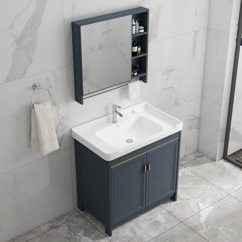 Single Blue Freestanding Bathroom Vanity Modern Metal Base Bath Vanity Clearhalo 'Bathroom Remodel & Bathroom Fixtures' 'Bathroom Vanities' 'bathroom_vanities' 'Home Improvement' 'home_improvement' 'home_improvement_bathroom_vanities' 7470797