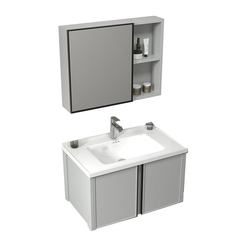 Modern Gray Bath Vanity Metal Frame Single Rectangular Wall Mount Sink Vanity Vanity & Faucet & Mirror Cabinet 28"L x 19"W x 18"H Ceramic Clearhalo 'Bathroom Remodel & Bathroom Fixtures' 'Bathroom Vanities' 'bathroom_vanities' 'Home Improvement' 'home_improvement' 'home_improvement_bathroom_vanities' 7476402