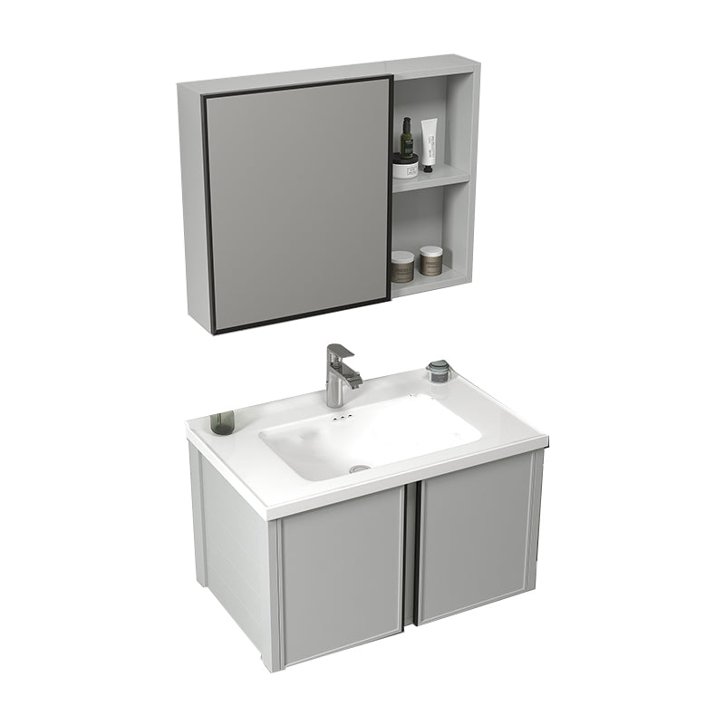 Modern Gray Bath Vanity Metal Frame Single Rectangular Wall Mount Sink Vanity Vanity & Faucet & Mirror Cabinet 24"L x 19"W x 18"H Ceramic Clearhalo 'Bathroom Remodel & Bathroom Fixtures' 'Bathroom Vanities' 'bathroom_vanities' 'Home Improvement' 'home_improvement' 'home_improvement_bathroom_vanities' 7476403