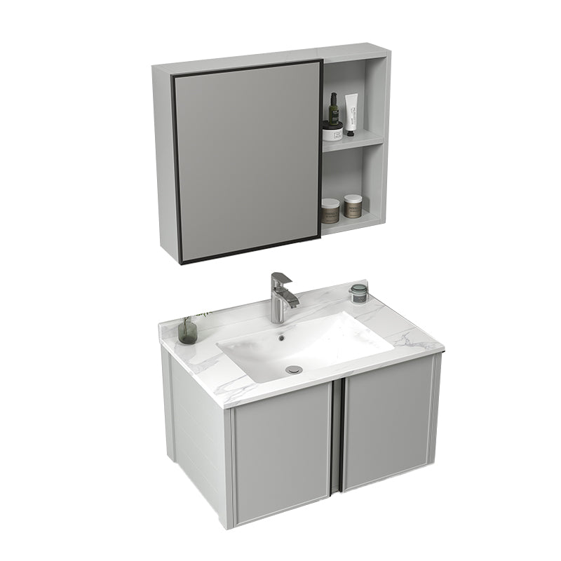 Modern Gray Bath Vanity Metal Frame Single Rectangular Wall Mount Sink Vanity Vanity & Faucet & Mirror Cabinet 23.6"L x 18.5"W x 17.7"H Stone Clearhalo 'Bathroom Remodel & Bathroom Fixtures' 'Bathroom Vanities' 'bathroom_vanities' 'Home Improvement' 'home_improvement' 'home_improvement_bathroom_vanities' 7476408