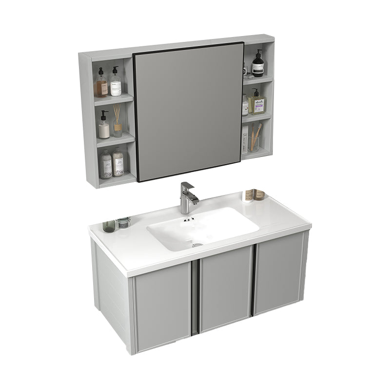 Modern Gray Bath Vanity Metal Frame Single Rectangular Wall Mount Sink Vanity Vanity & Faucet & Mirror Cabinet 35.8"L x 18.9"W x 17.7"H Ceramic Clearhalo 'Bathroom Remodel & Bathroom Fixtures' 'Bathroom Vanities' 'bathroom_vanities' 'Home Improvement' 'home_improvement' 'home_improvement_bathroom_vanities' 7476416