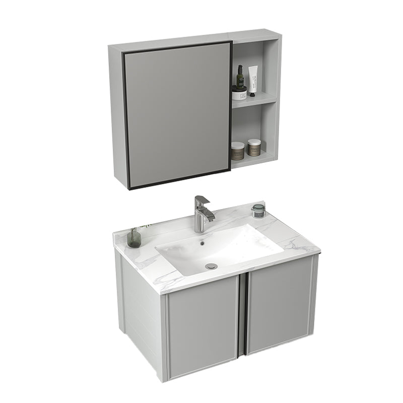 Modern Gray Bath Vanity Metal Frame Single Rectangular Wall Mount Sink Vanity Vanity & Faucet & Mirror Cabinet 31.5"L x 18.5"W x 17.7"H Stone Clearhalo 'Bathroom Remodel & Bathroom Fixtures' 'Bathroom Vanities' 'bathroom_vanities' 'Home Improvement' 'home_improvement' 'home_improvement_bathroom_vanities' 7476418