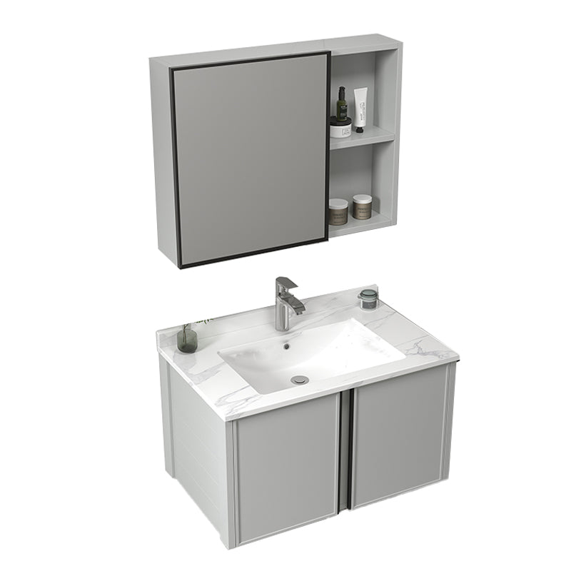 Modern Gray Bath Vanity Metal Frame Single Rectangular Wall Mount Sink Vanity Vanity & Faucet & Mirror Cabinet 27.6"L x 18.5"W x 17.7"H Stone Clearhalo 'Bathroom Remodel & Bathroom Fixtures' 'Bathroom Vanities' 'bathroom_vanities' 'Home Improvement' 'home_improvement' 'home_improvement_bathroom_vanities' 7476419