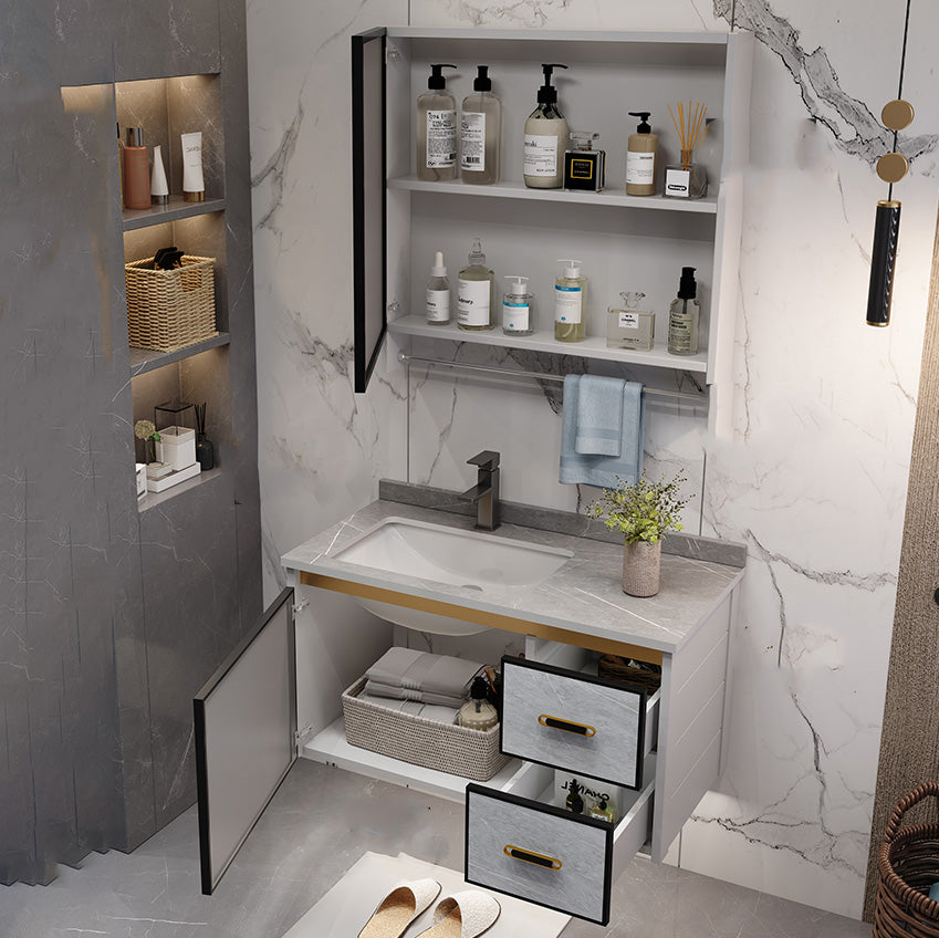 Metal Glam Sink Vanity Wall Mount Bathroom Vanity Set with Mirror Clearhalo 'Bathroom Remodel & Bathroom Fixtures' 'Bathroom Vanities' 'bathroom_vanities' 'Home Improvement' 'home_improvement' 'home_improvement_bathroom_vanities' 7476467