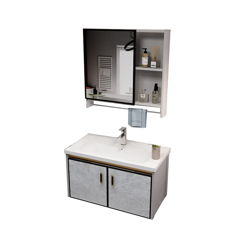 Metal Glam Sink Vanity Wall Mount Bathroom Vanity Set with Mirror Vanity & Faucet & Mirror Cabinet 28"L x 19"W x 15"H Ceramic Clearhalo 'Bathroom Remodel & Bathroom Fixtures' 'Bathroom Vanities' 'bathroom_vanities' 'Home Improvement' 'home_improvement' 'home_improvement_bathroom_vanities' 7476479