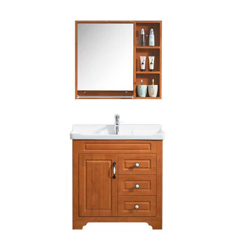 Wood Traditional Sink Vanity Freestanding Bathroom Vanity with Mirror Vanity & Faucet & Mirror Cabinet 28"L x 19"W x 31"H Ceramic Clearhalo 'Bathroom Remodel & Bathroom Fixtures' 'Bathroom Vanities' 'bathroom_vanities' 'Home Improvement' 'home_improvement' 'home_improvement_bathroom_vanities' 7476498