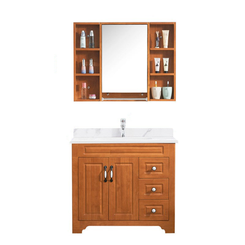 Wood Traditional Sink Vanity Freestanding Bathroom Vanity with Mirror Vanity & Faucet & Mirror Cabinet 36"L x 19"W x 31"H Stone Clearhalo 'Bathroom Remodel & Bathroom Fixtures' 'Bathroom Vanities' 'bathroom_vanities' 'Home Improvement' 'home_improvement' 'home_improvement_bathroom_vanities' 7476501