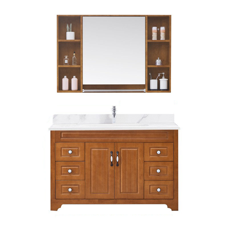 Wood Traditional Sink Vanity Freestanding Bathroom Vanity with Mirror Vanity & Faucet & Mirror Cabinet 48"L x 18.9"W x 31.5"H Stone Clearhalo 'Bathroom Remodel & Bathroom Fixtures' 'Bathroom Vanities' 'bathroom_vanities' 'Home Improvement' 'home_improvement' 'home_improvement_bathroom_vanities' 7476508