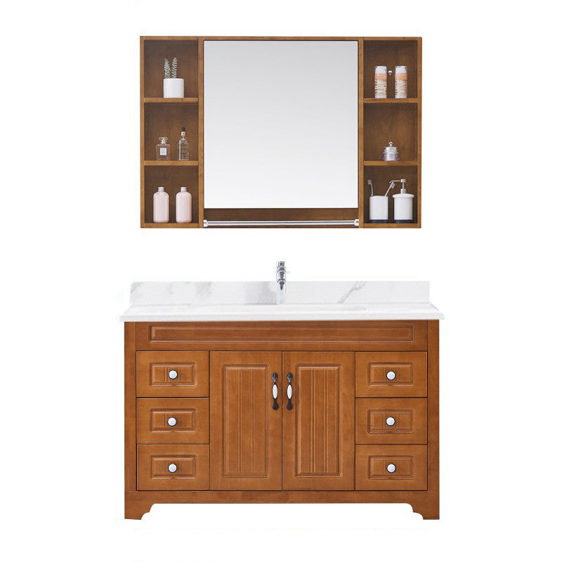 Wood Traditional Sink Vanity Freestanding Bathroom Vanity with Mirror Vanity & Faucet & Mirror Cabinet 44"L x 19"W x 31"H Stone Clearhalo 'Bathroom Remodel & Bathroom Fixtures' 'Bathroom Vanities' 'bathroom_vanities' 'Home Improvement' 'home_improvement' 'home_improvement_bathroom_vanities' 7476510