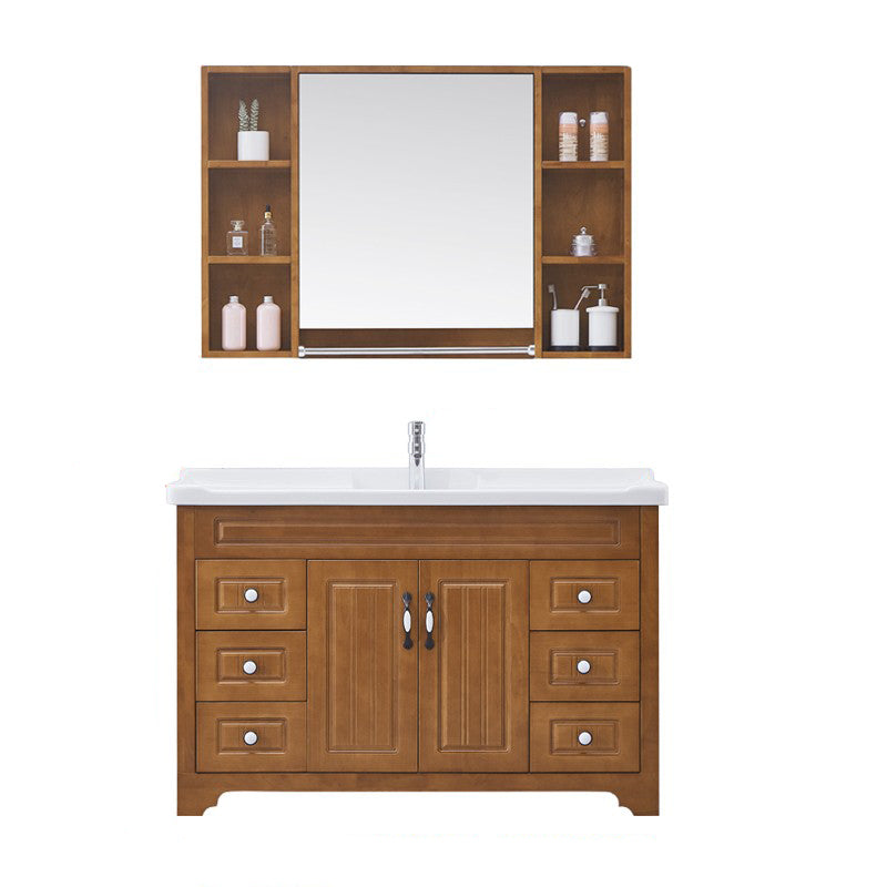 Wood Traditional Sink Vanity Freestanding Bathroom Vanity with Mirror Vanity & Faucet & Mirror Cabinet 44"L x 19"W x 31"H Ceramic Clearhalo 'Bathroom Remodel & Bathroom Fixtures' 'Bathroom Vanities' 'bathroom_vanities' 'Home Improvement' 'home_improvement' 'home_improvement_bathroom_vanities' 7476515