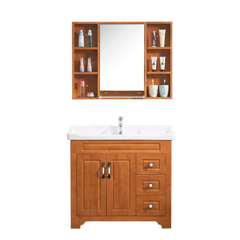 Wood Traditional Sink Vanity Freestanding Bathroom Vanity with Mirror Vanity & Faucet & Mirror Cabinet 40"L x 19"W x 31"H Ceramic Clearhalo 'Bathroom Remodel & Bathroom Fixtures' 'Bathroom Vanities' 'bathroom_vanities' 'Home Improvement' 'home_improvement' 'home_improvement_bathroom_vanities' 7476517