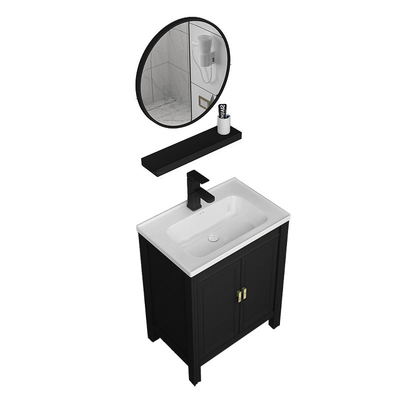 Metal Modern Sink Vanity Freestanding Faucet Included Bathroom Vanity Vanity & Faucet & Round Mirror 24"L x 16"W x 31"H Clearhalo 'Bathroom Remodel & Bathroom Fixtures' 'Bathroom Vanities' 'bathroom_vanities' 'Home Improvement' 'home_improvement' 'home_improvement_bathroom_vanities' 7476537