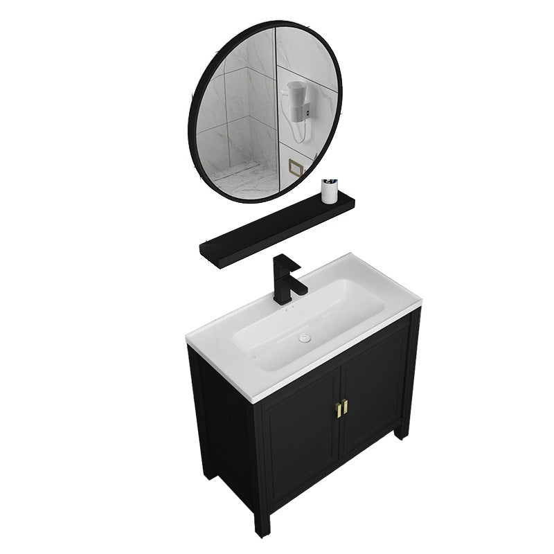 Metal Modern Sink Vanity Freestanding Faucet Included Bathroom Vanity Vanity & Faucet & Round Mirror 32"L x 16"W x 31"H Clearhalo 'Bathroom Remodel & Bathroom Fixtures' 'Bathroom Vanities' 'bathroom_vanities' 'Home Improvement' 'home_improvement' 'home_improvement_bathroom_vanities' 7476540