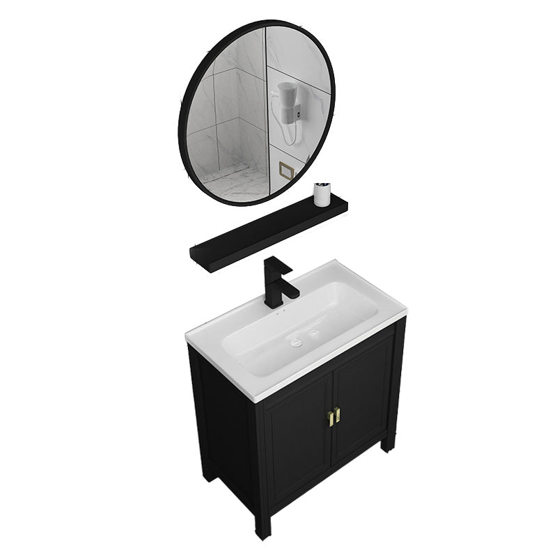 Metal Modern Sink Vanity Freestanding Faucet Included Bathroom Vanity Vanity & Faucet & Round Mirror 28"L x 16"W x 31"H Clearhalo 'Bathroom Remodel & Bathroom Fixtures' 'Bathroom Vanities' 'bathroom_vanities' 'Home Improvement' 'home_improvement' 'home_improvement_bathroom_vanities' 7476550