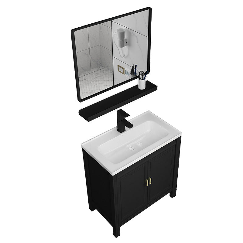 Metal Modern Sink Vanity Freestanding Faucet Included Bathroom Vanity Vanity & Faucet & Square Mirror 28"L x 16"W x 31"H Clearhalo 'Bathroom Remodel & Bathroom Fixtures' 'Bathroom Vanities' 'bathroom_vanities' 'Home Improvement' 'home_improvement' 'home_improvement_bathroom_vanities' 7476552