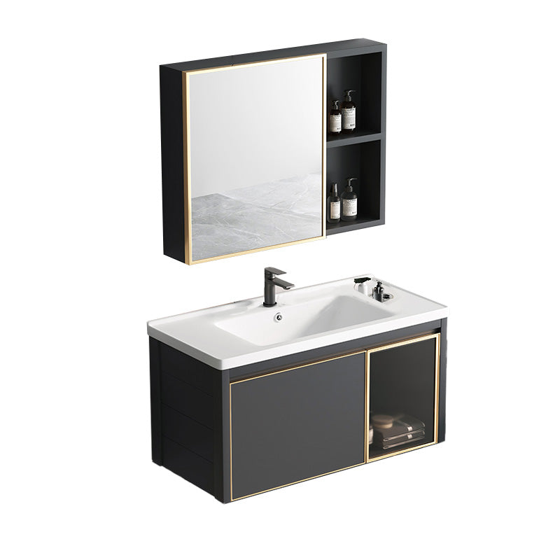 Glam Rectangular Bath Vanity Black Metal Base Single-Sink Bathroom Vanity Vanity & Faucet & Mirror Cabinet 32"L x 19"W x 18"H Clearhalo 'Bathroom Remodel & Bathroom Fixtures' 'Bathroom Vanities' 'bathroom_vanities' 'Home Improvement' 'home_improvement' 'home_improvement_bathroom_vanities' 7476567