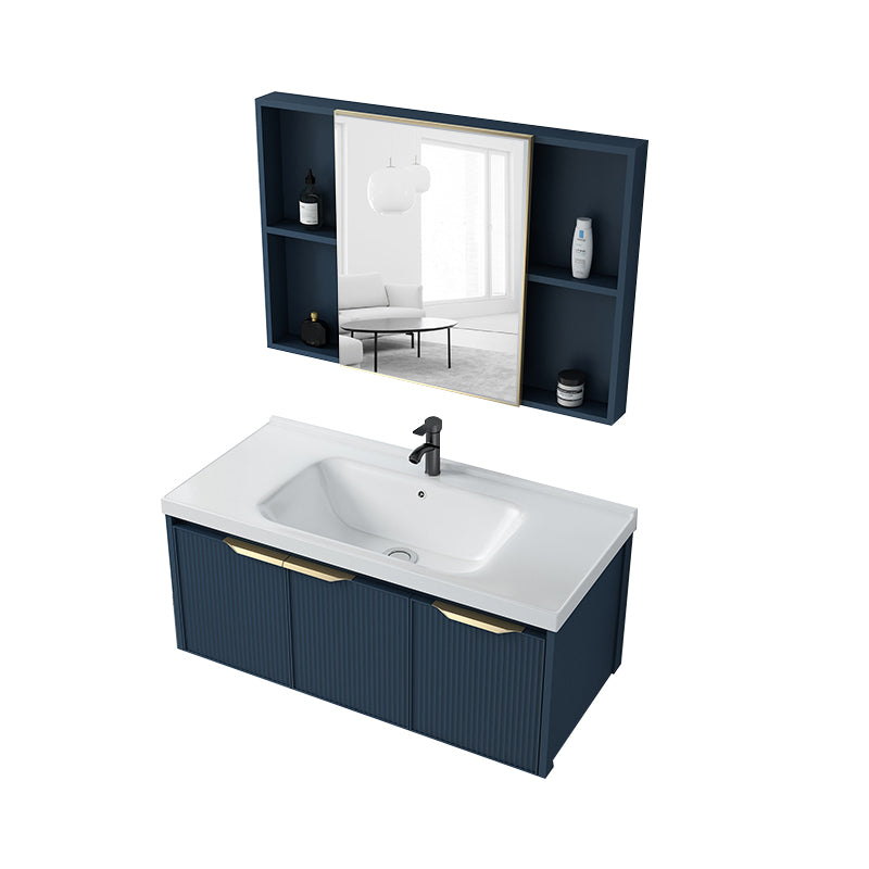 Metal Frame Vanity Wall Mount Blue Single Sink 2 Doors Mirror Bath Vanity with Faucet Vanity & Faucet & Mirror Cabinet 35.4"L x 18.5"W x 15.7"H Clearhalo 'Bathroom Remodel & Bathroom Fixtures' 'Bathroom Vanities' 'bathroom_vanities' 'Home Improvement' 'home_improvement' 'home_improvement_bathroom_vanities' 7485603