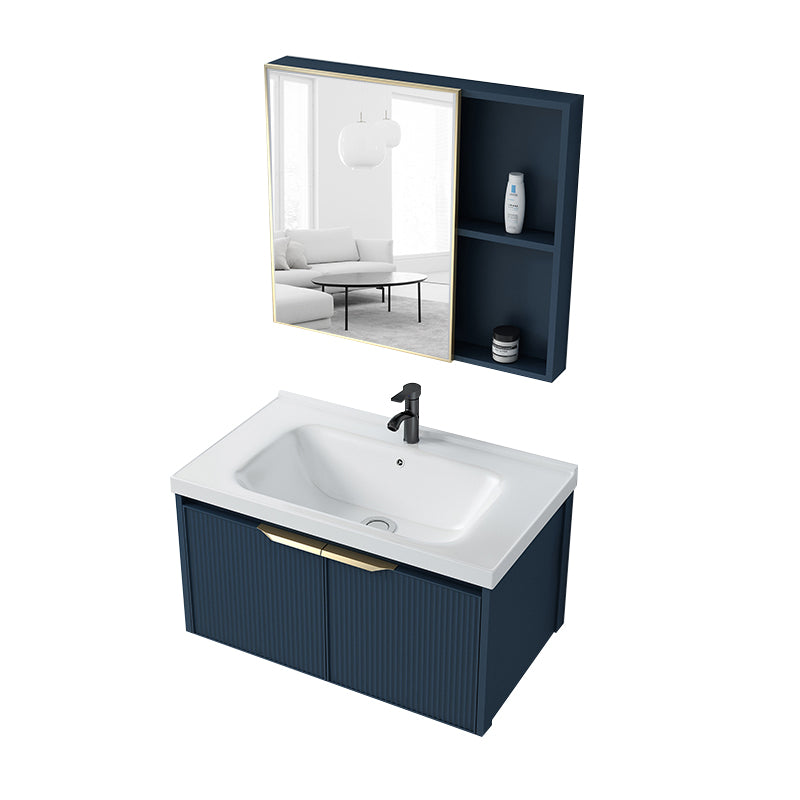 Metal Frame Vanity Wall Mount Blue Single Sink 2 Doors Mirror Bath Vanity with Faucet Vanity & Faucet & Mirror Cabinet 28"L x 19"W x 16"H Clearhalo 'Bathroom Remodel & Bathroom Fixtures' 'Bathroom Vanities' 'bathroom_vanities' 'Home Improvement' 'home_improvement' 'home_improvement_bathroom_vanities' 7485604