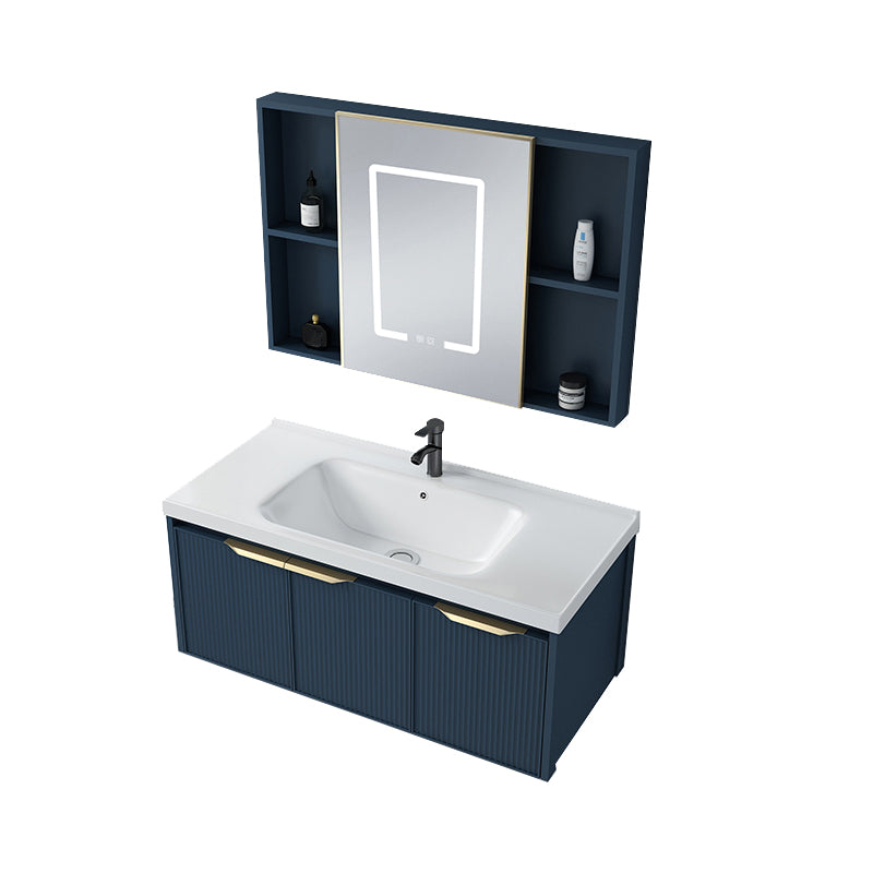 Metal Frame Vanity Wall Mount Blue Single Sink 2 Doors Mirror Bath Vanity with Faucet Vanity & Faucet & Demist Mirror Cabinet 35.4"L x 18.5"W x 15.7"H Clearhalo 'Bathroom Remodel & Bathroom Fixtures' 'Bathroom Vanities' 'bathroom_vanities' 'Home Improvement' 'home_improvement' 'home_improvement_bathroom_vanities' 7485624