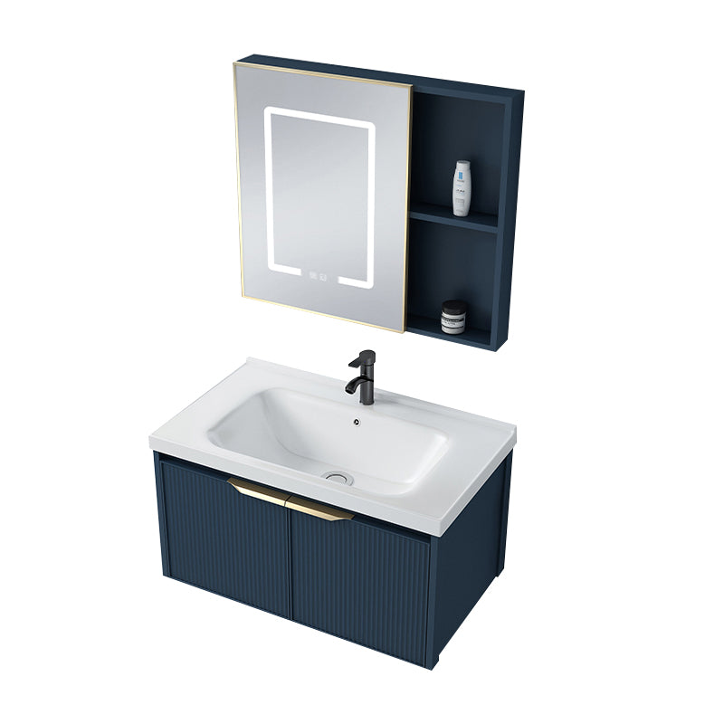 Metal Frame Vanity Wall Mount Blue Single Sink 2 Doors Mirror Bath Vanity with Faucet Vanity & Faucet & Demist Mirror Cabinet 28"L x 19"W x 16"H Clearhalo 'Bathroom Remodel & Bathroom Fixtures' 'Bathroom Vanities' 'bathroom_vanities' 'Home Improvement' 'home_improvement' 'home_improvement_bathroom_vanities' 7485625