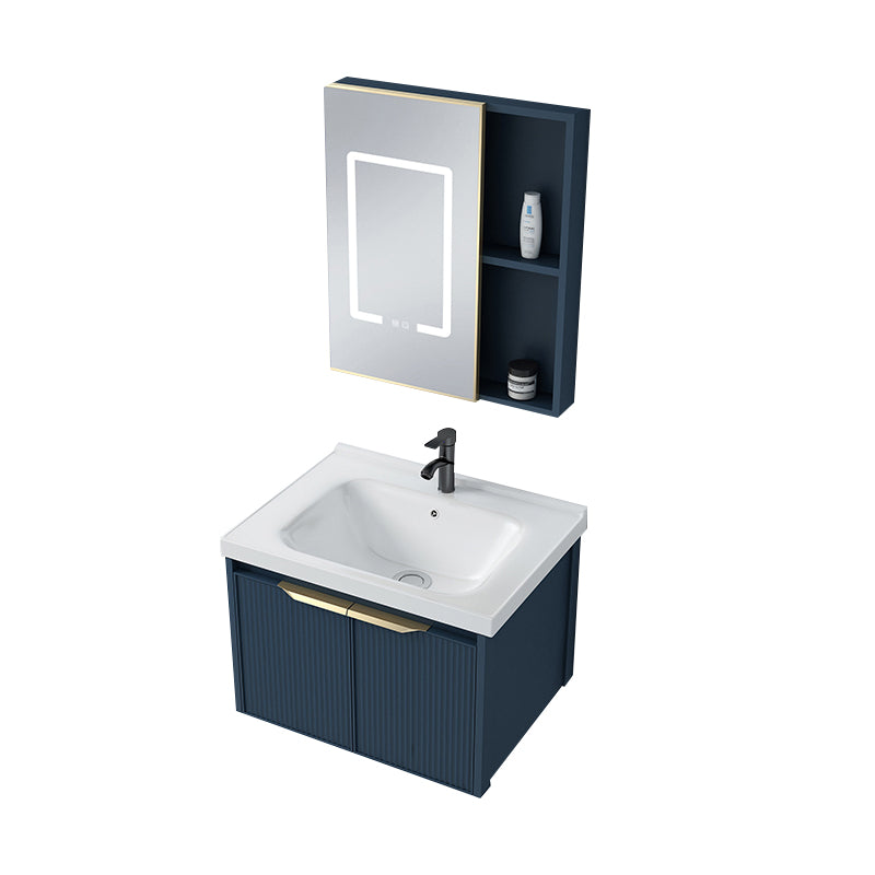 Metal Frame Vanity Wall Mount Blue Single Sink 2 Doors Mirror Bath Vanity with Faucet Vanity & Faucet & Demist Mirror Cabinet 24"L x 19"W x 16"H Clearhalo 'Bathroom Remodel & Bathroom Fixtures' 'Bathroom Vanities' 'bathroom_vanities' 'Home Improvement' 'home_improvement' 'home_improvement_bathroom_vanities' 7485627