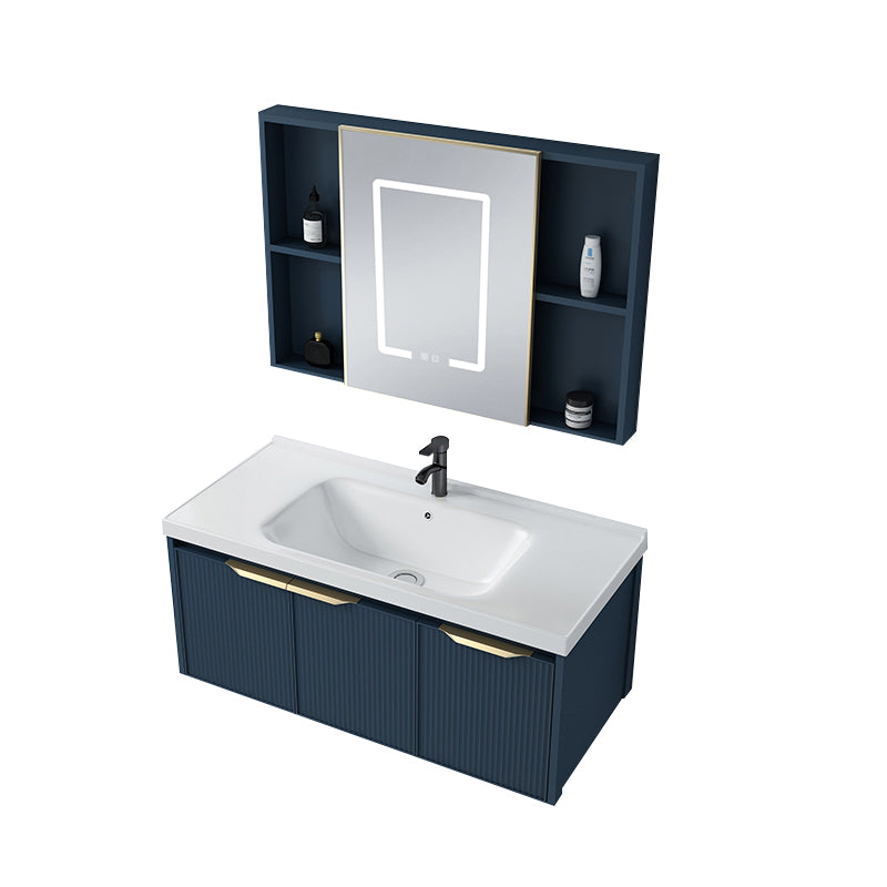 Metal Frame Vanity Wall Mount Blue Single Sink 2 Doors Mirror Bath Vanity with Faucet Vanity & Faucet & Demist Mirror Cabinet 39"L x 19"W x 16"H Clearhalo 'Bathroom Remodel & Bathroom Fixtures' 'Bathroom Vanities' 'bathroom_vanities' 'Home Improvement' 'home_improvement' 'home_improvement_bathroom_vanities' 7485628