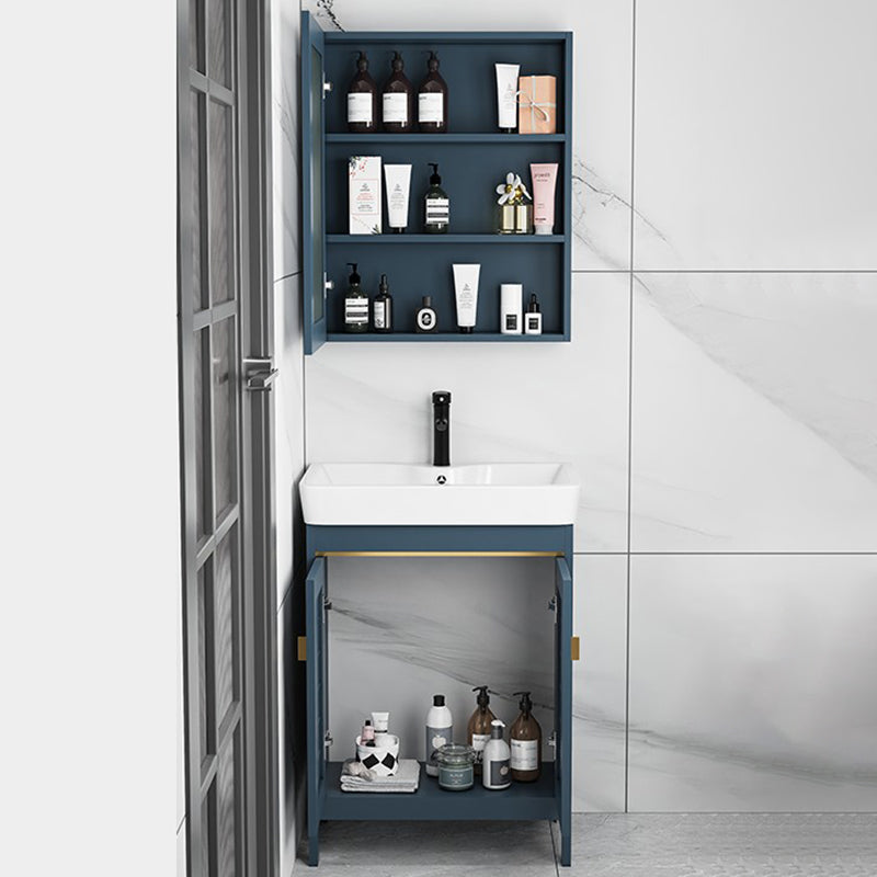 Blue Bath Vanity Freestanding 2 Doors Mirror Single Sink Rectangular Metal Frame Vanity Clearhalo 'Bathroom Remodel & Bathroom Fixtures' 'Bathroom Vanities' 'bathroom_vanities' 'Home Improvement' 'home_improvement' 'home_improvement_bathroom_vanities' 7485700
