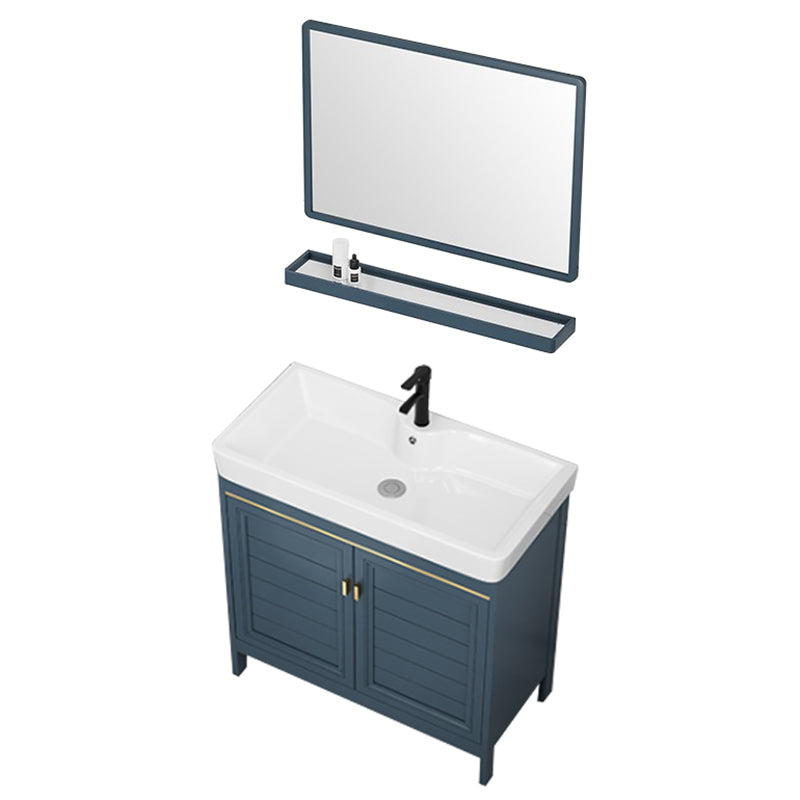 Blue Bath Vanity Freestanding 2 Doors Mirror Single Sink Rectangular Metal Frame Vanity Clearhalo 'Bathroom Remodel & Bathroom Fixtures' 'Bathroom Vanities' 'bathroom_vanities' 'Home Improvement' 'home_improvement' 'home_improvement_bathroom_vanities' 7485706