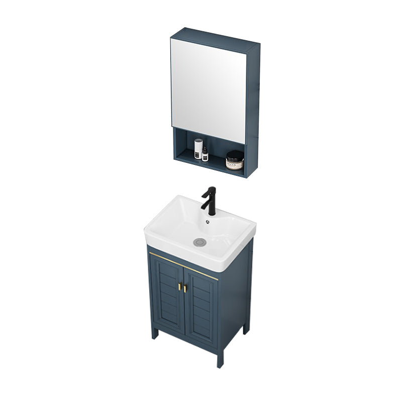 Blue Bath Vanity Freestanding 2 Doors Mirror Single Sink Rectangular Metal Frame Vanity Vanity & Faucet & Mirror Cabinet 19"L x 14"W x 31"H Clearhalo 'Bathroom Remodel & Bathroom Fixtures' 'Bathroom Vanities' 'bathroom_vanities' 'Home Improvement' 'home_improvement' 'home_improvement_bathroom_vanities' 7485707