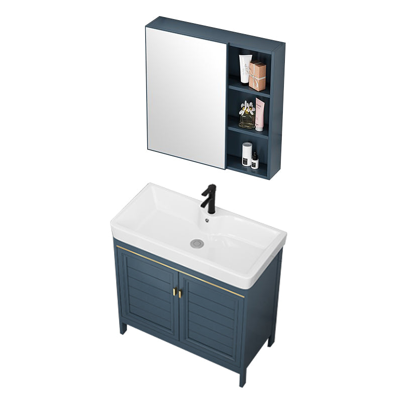 Blue Bath Vanity Freestanding 2 Doors Mirror Single Sink Rectangular Metal Frame Vanity Vanity & Faucet & Mirror Cabinet Clearhalo 'Bathroom Remodel & Bathroom Fixtures' 'Bathroom Vanities' 'bathroom_vanities' 'Home Improvement' 'home_improvement' 'home_improvement_bathroom_vanities' 7485720