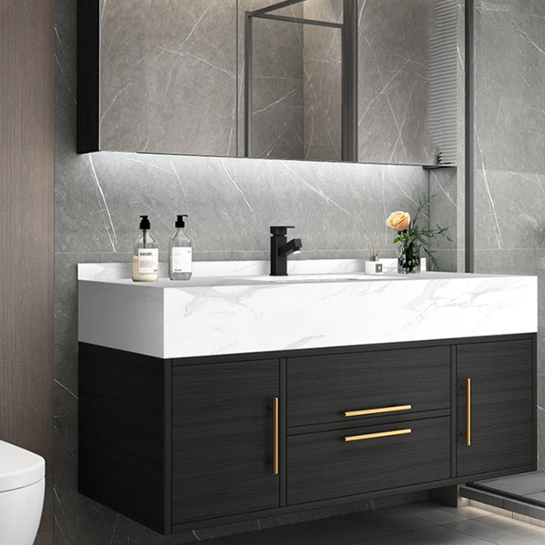 Glam Wall Mount Bathroom Vanity Black Ceramic Single-Sink Rectangular Vanity Set Clearhalo 'Bathroom Remodel & Bathroom Fixtures' 'Bathroom Vanities' 'bathroom_vanities' 'Home Improvement' 'home_improvement' 'home_improvement_bathroom_vanities' 7487091