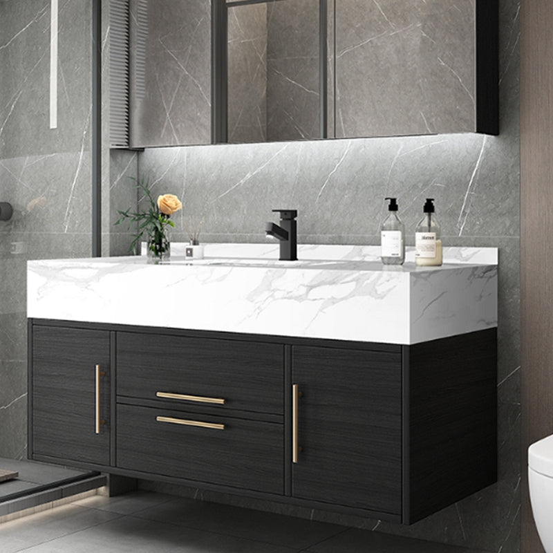 Glam Wall Mount Bathroom Vanity Black Ceramic Single-Sink Rectangular Vanity Set Clearhalo 'Bathroom Remodel & Bathroom Fixtures' 'Bathroom Vanities' 'bathroom_vanities' 'Home Improvement' 'home_improvement' 'home_improvement_bathroom_vanities' 7487093