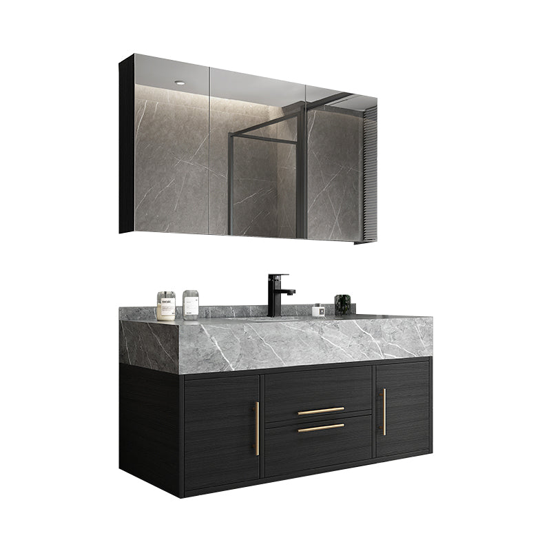 Glam Wall Mount Bathroom Vanity Black Ceramic Single-Sink Rectangular Vanity Set Vanity & Faucet & Mirror Cabinet 39.5"L x 19.5"W x 16"H Gray Clearhalo 'Bathroom Remodel & Bathroom Fixtures' 'Bathroom Vanities' 'bathroom_vanities' 'Home Improvement' 'home_improvement' 'home_improvement_bathroom_vanities' 7487107