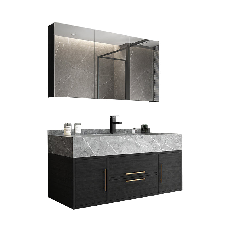 Glam Wall Mount Bathroom Vanity Black Ceramic Single-Sink Rectangular Vanity Set Vanity & Faucet & Mirror Cabinet 47"L x 20"W x 16"H Gray Clearhalo 'Bathroom Remodel & Bathroom Fixtures' 'Bathroom Vanities' 'bathroom_vanities' 'Home Improvement' 'home_improvement' 'home_improvement_bathroom_vanities' 7487109