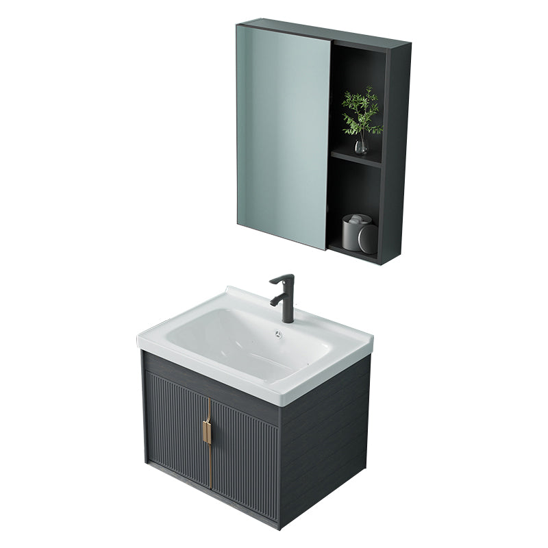 Single Sink Bathroom Vanity Modern Dark Gray Ceramic Wall Mount Vanity Set Vanity & Faucet & Mirror Cabinet 24"L x 18.9"W x 18.1"H Clearhalo 'Bathroom Remodel & Bathroom Fixtures' 'Bathroom Vanities' 'bathroom_vanities' 'Home Improvement' 'home_improvement' 'home_improvement_bathroom_vanities' 7487150